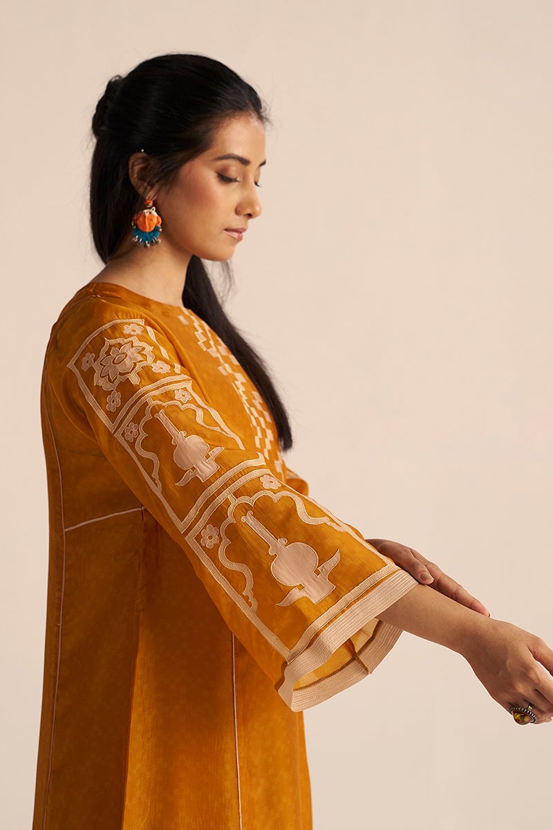 Nugget Yellow Silk Kurta and Wide-Leg Pants Co-ord Set
