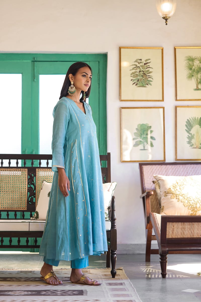 Sky Blue Silk Chanderi Embroidered Kurta Set