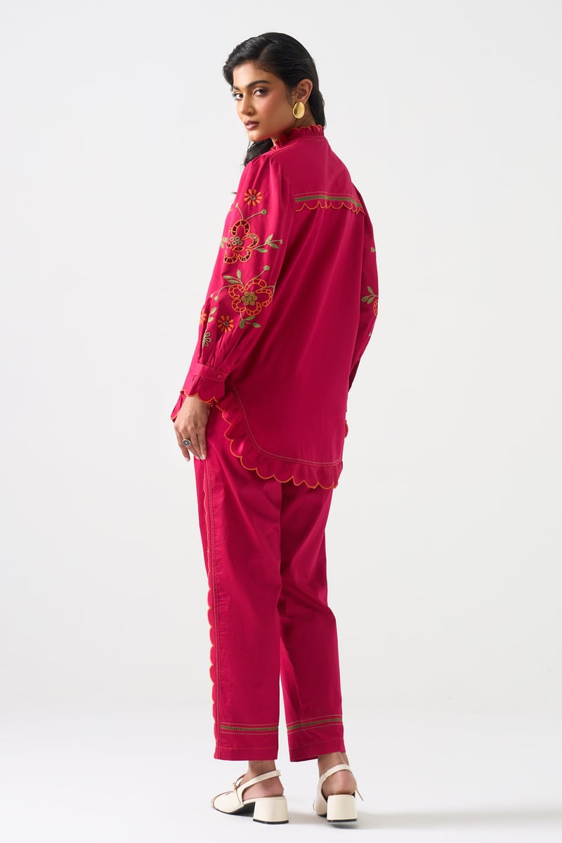 Hot Pink Embroidered Ruffle-Trim Mandarin Collar Shirt