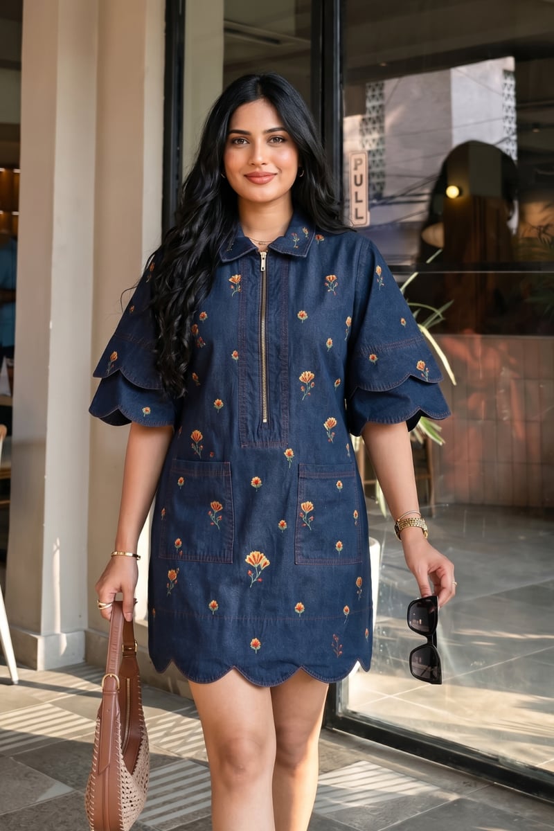 Blue Denim Embroidered Shift Mini Dress with Front Zip