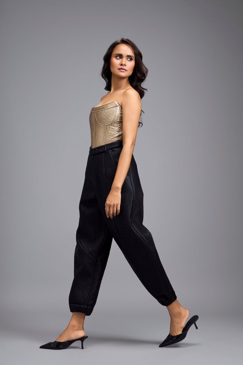 Black High-Rise Quilted Tapered Trousers