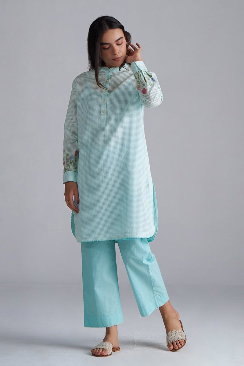 Eggshell Blue Mini-Check Cotton Co-ord Set with Slip
