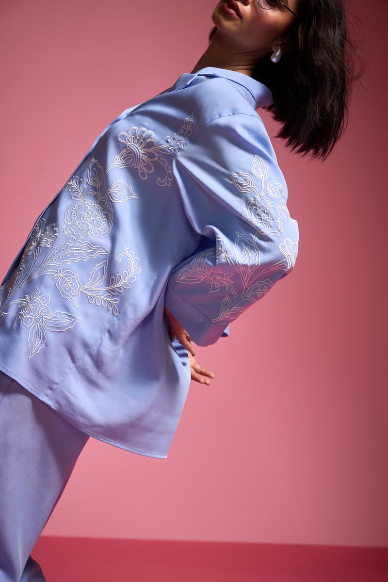 Pastel Blue Tencel Placement Embroidered Relaxed Fit Shirt