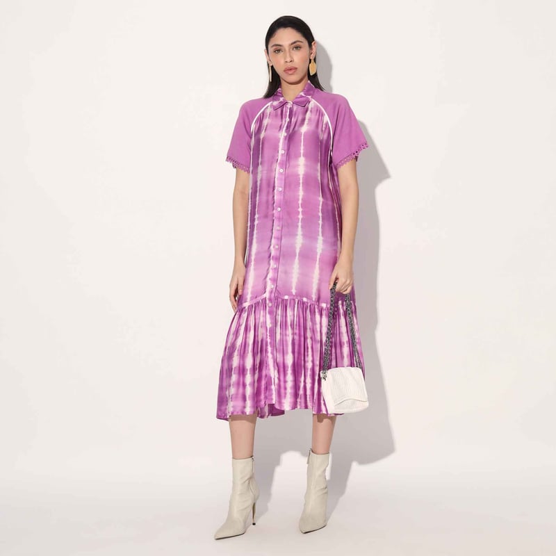 Pink/White Shibori Stripe Satin Midi Shirt Dress