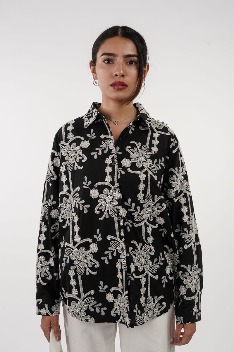 Black Embroidered and Embellished Button-Down Shirt