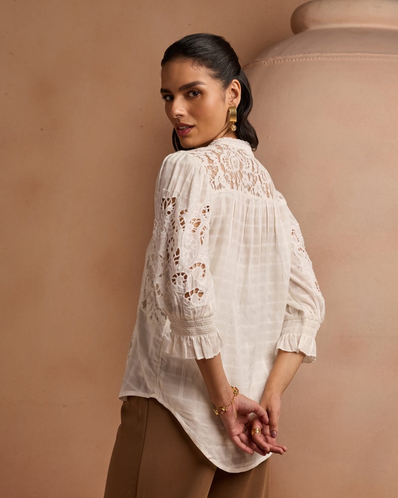 White Cotton Lace Insert Mandarin Collar Top