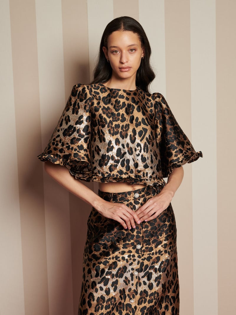 Brown Leopard Metallic Jacquard Crop Top