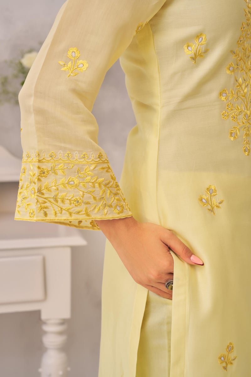 Lime Yellow Chanderi Silk Embroidered Suit Set