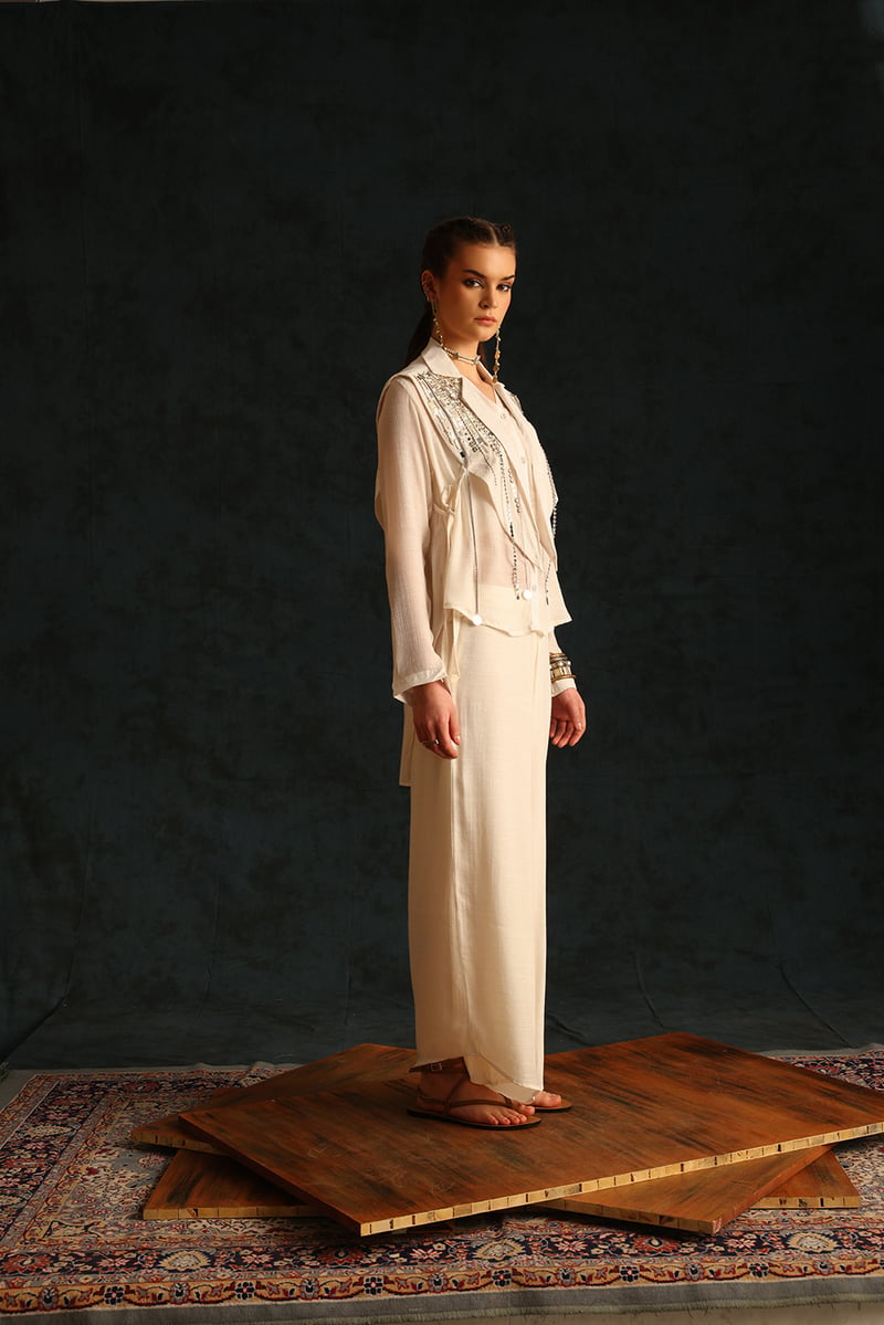Off-White Shirt, Cape Waistcoat and Wide-Leg Pants Co-ord Set