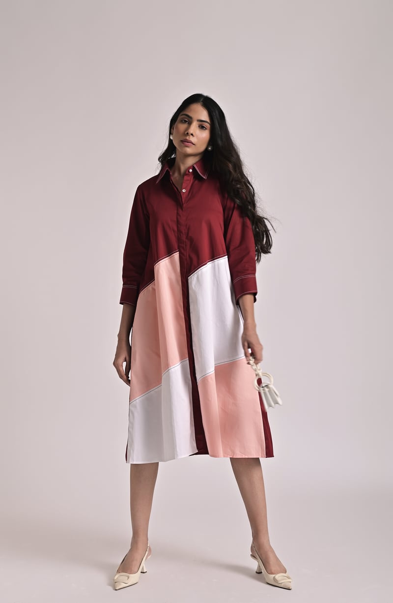 Multicolor Diagonal Colorblock Midi Shirt Dress