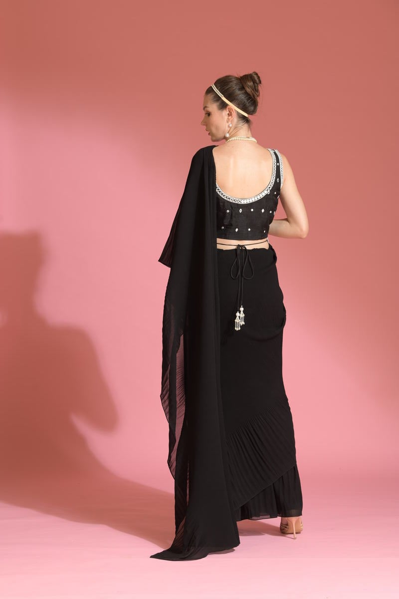 Black Pre-Draped Pleated Saree Set with Belt