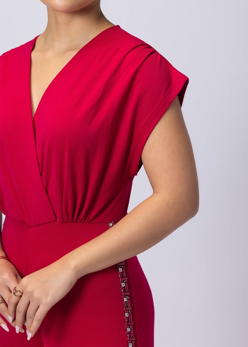 Raspberry Pink V-Neck Wide-Leg Jumpsuit with Rhinestones