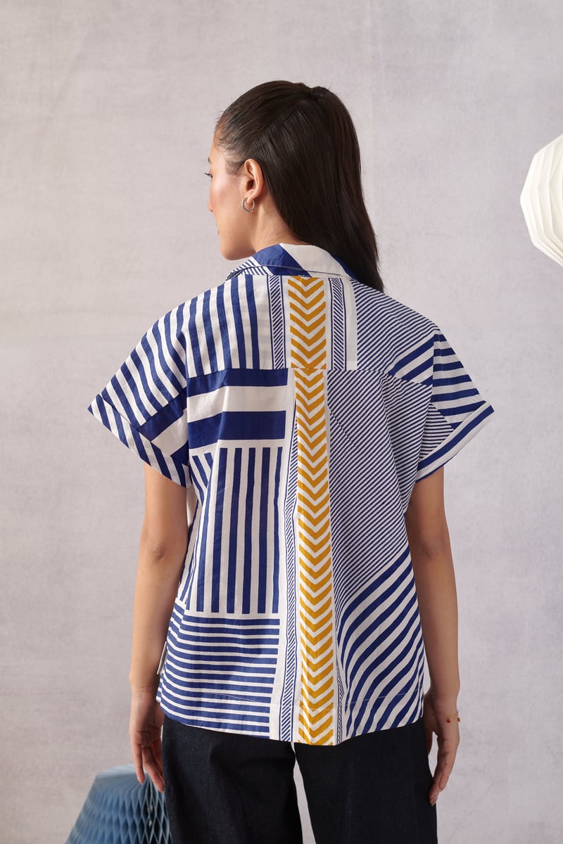 Blue and White Striped Boxy Cotton Top with Collar