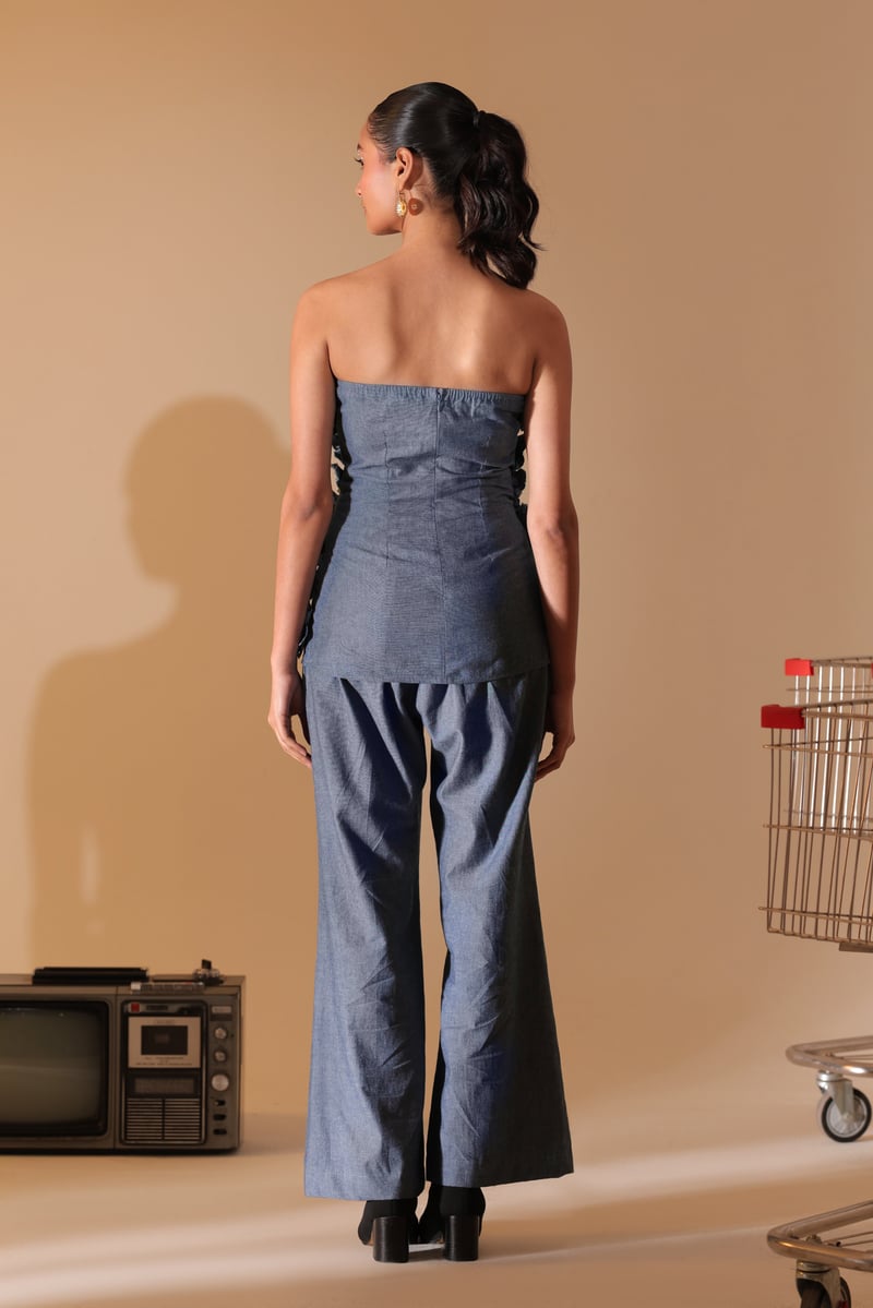 Blue Denim Strapless 3D Floral Co-ord Set