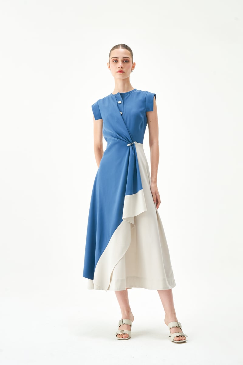 Prussian Blue and Ecru Colorblocked Midi Dress