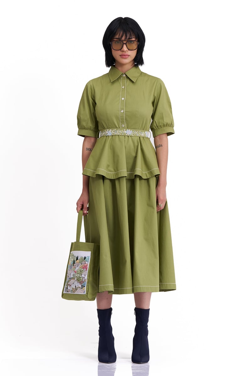 Golden Lime Cotton Twill Belted Fit and Flare Midi Dress — Our Love
