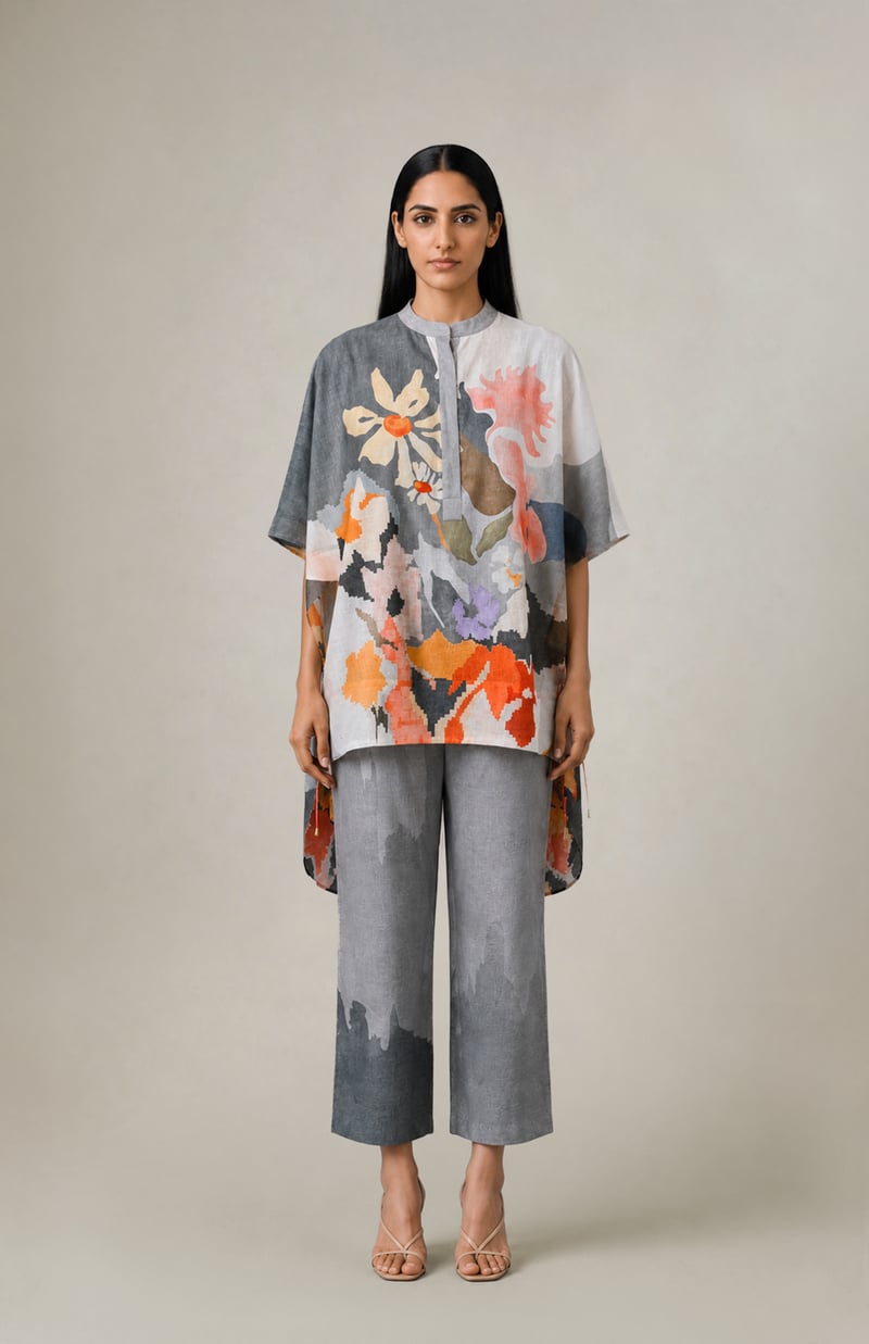 Grey Abstract Print Kaftan Co-ord Set — CLOS