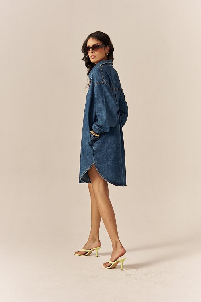Blue Denim Relaxed Shirt Dress with Pockets