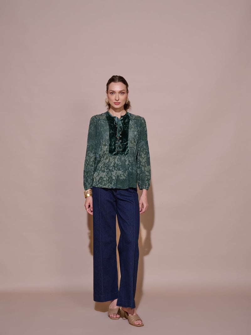 Green Burnt Velvet Lace-Up Yoke Flowy Top
