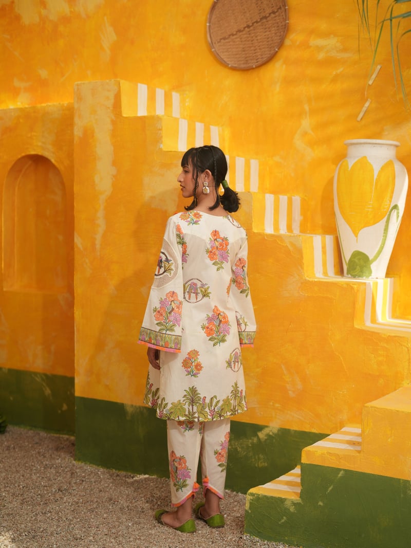 Off-White Tropical Print Kurta Set with Bell Sleeves