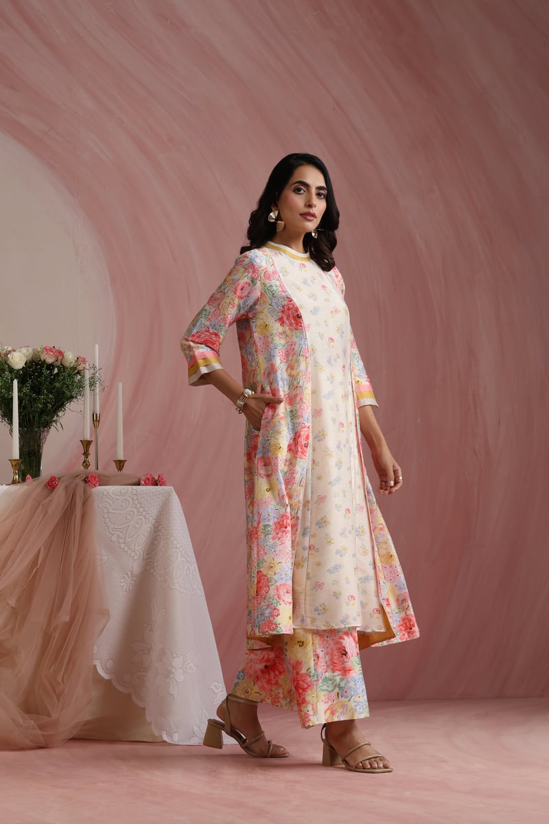 Ivory Floral Printed A-Line Kurta Set with Wide-Leg Trousers