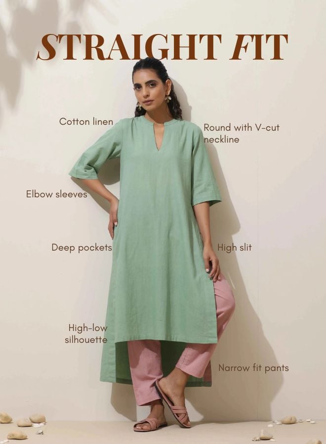 Mint Green Cotton Linen Straight Kurta Pant Set