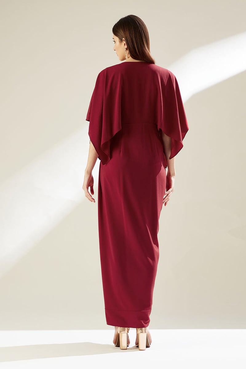 Red Draped Maxi Dress with Cape Sleeves