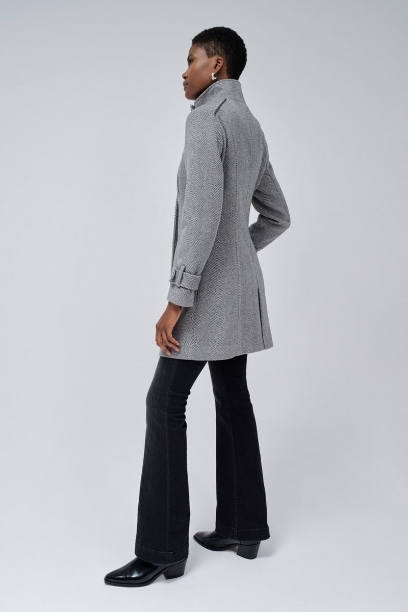 Grey Herringbone Double-Breasted Tailored Coat