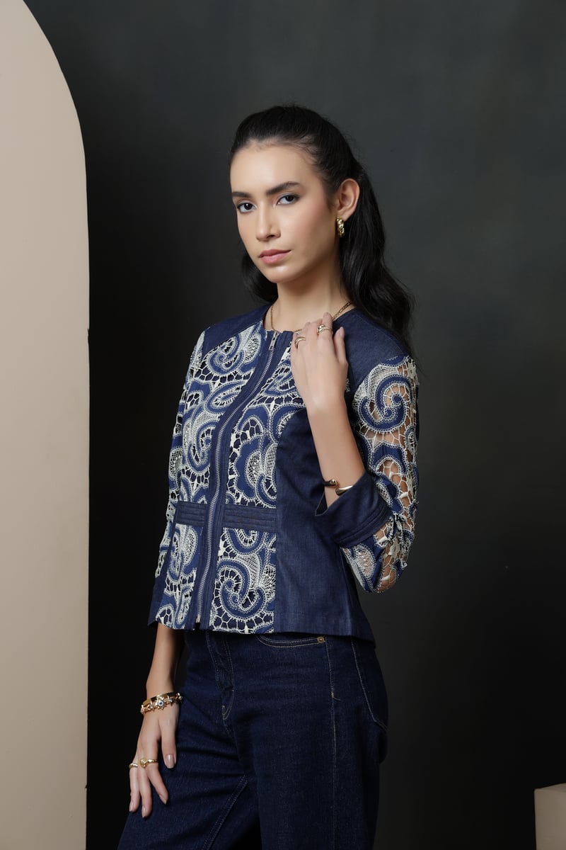 Dark Denim and Ecru Lace Structured Zip Jacket