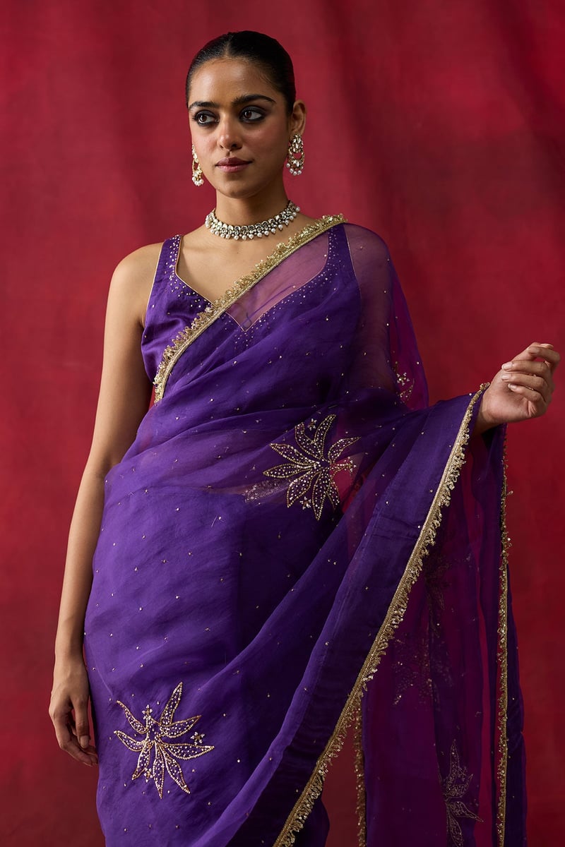 Purple Silk Organza Embroidered Saree Set with Blouse