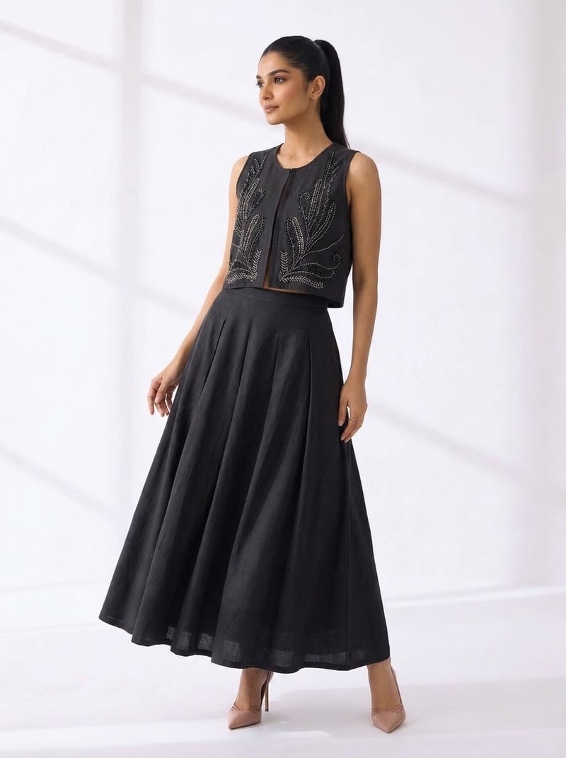Black Embellished Cropped Jacket and Maxi Skirt Co-ord Set — THE LUXURY DRESSING