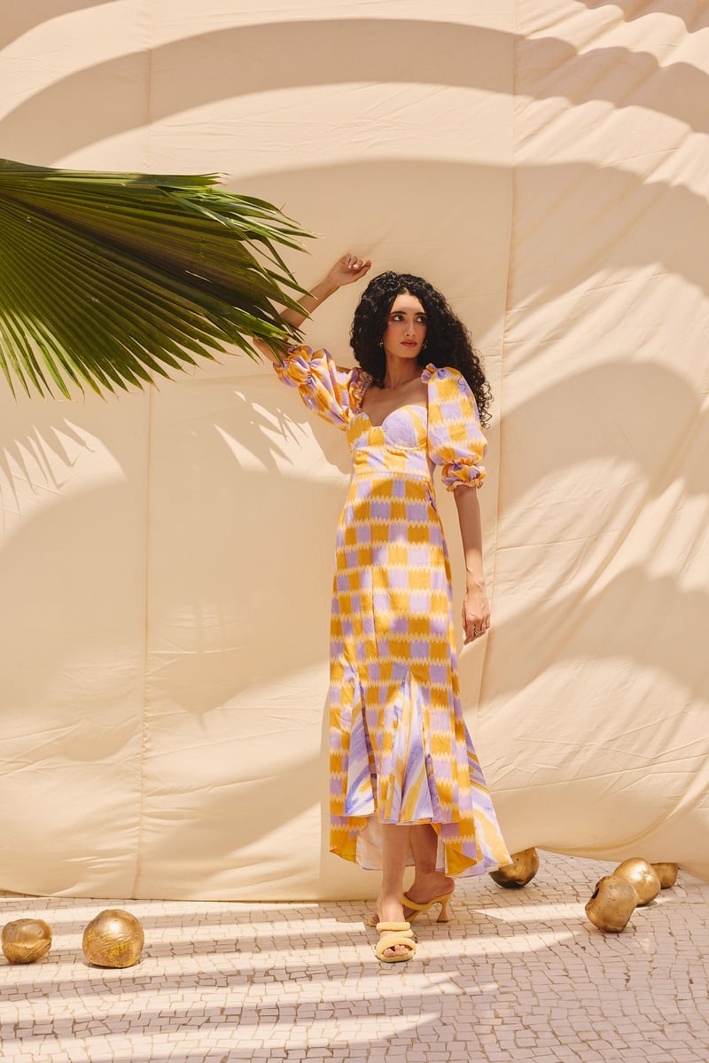Multicolor Checked Cotton-Linen Fit and Flare Midi Dress