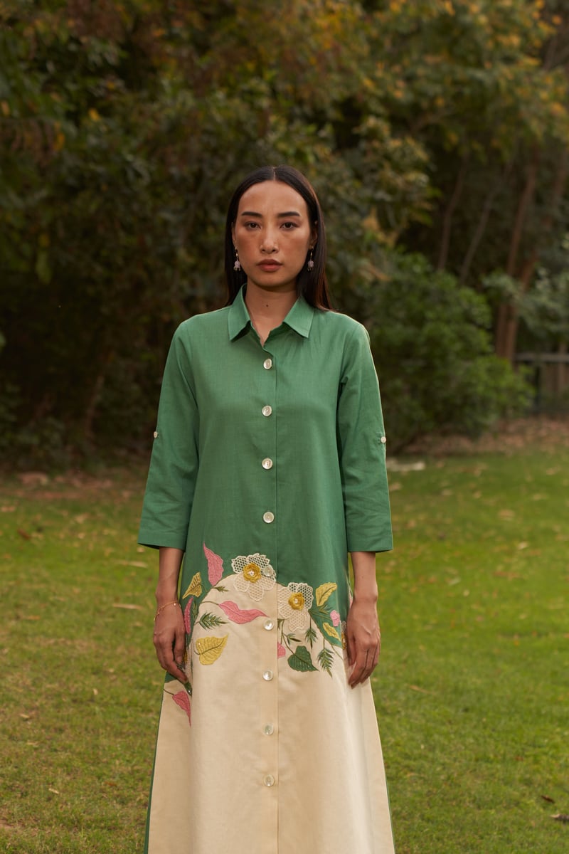 Green Two-Tone Midi Shirt Dress with Applique Detail