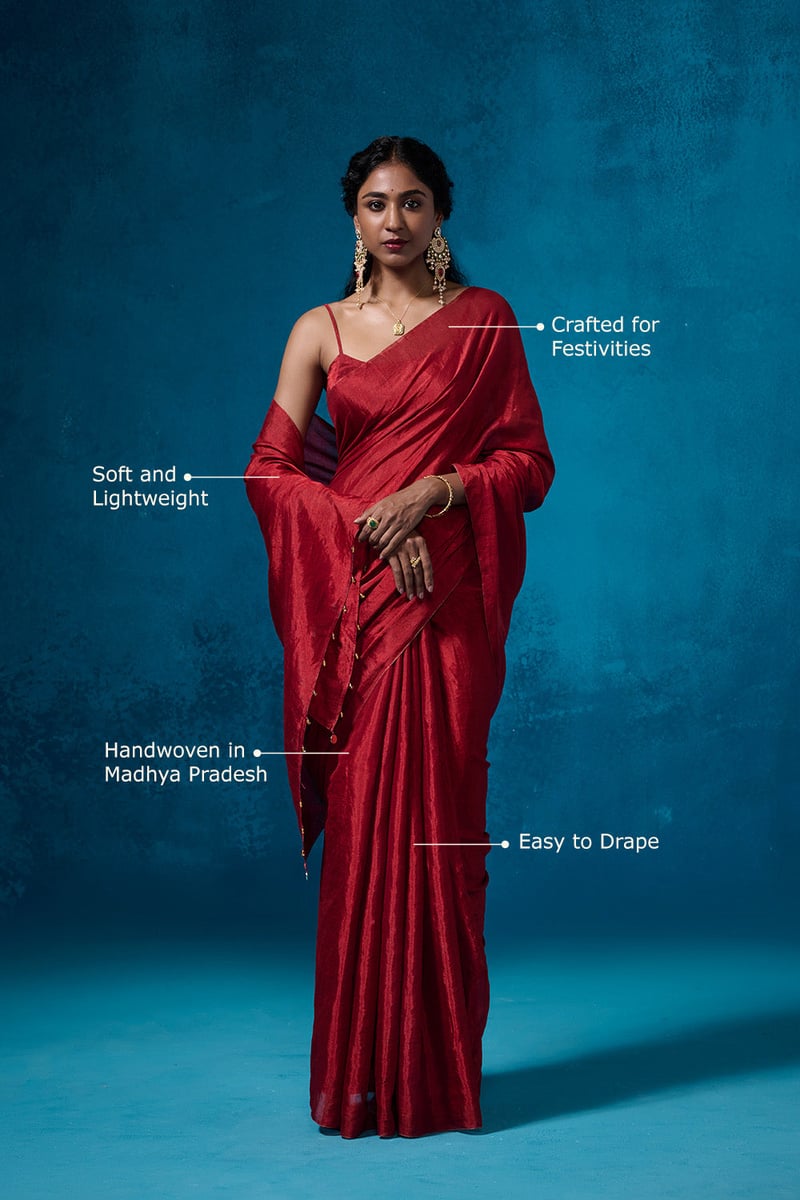 Rich Red Metallic Tissue Saree with Embellished Pallu