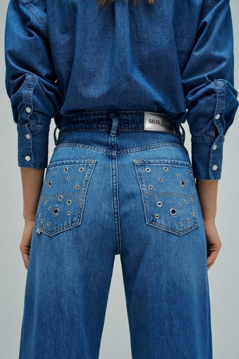Blue Very High-Waist Wide-Leg Jeans with Eyelets