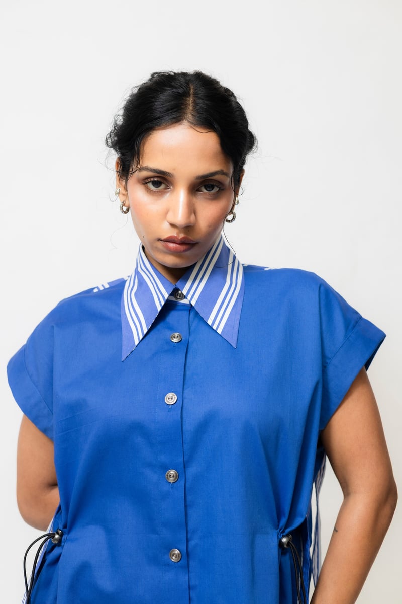 Blue Cotton Mini Shirt Dress with Adjustable Cinch Waist