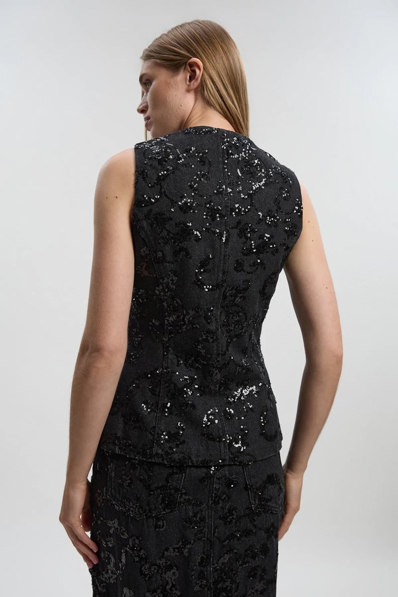 Black Sequin Button-Front Sleeveless Tailored Top