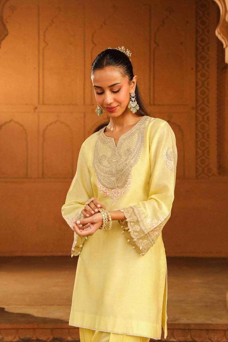 Lemon Yellow Embroidered Short Kurta with Salwar Set