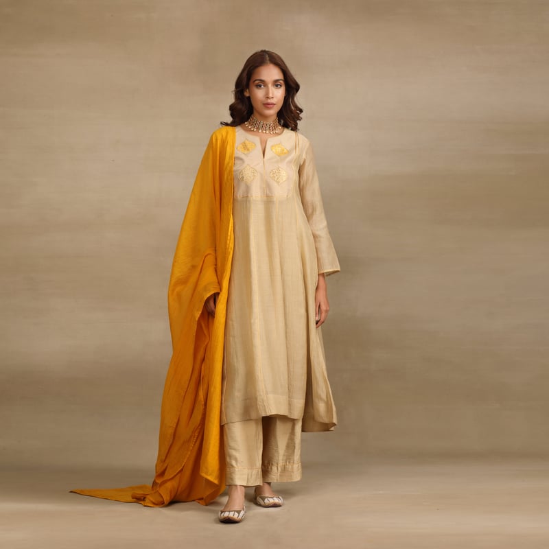 Beige Yellow Silk Chanderi Anarkali Kurta Set