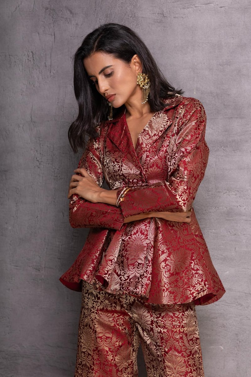 Maroon Brocade Peplum Top and Flared Pants Co-ord Set