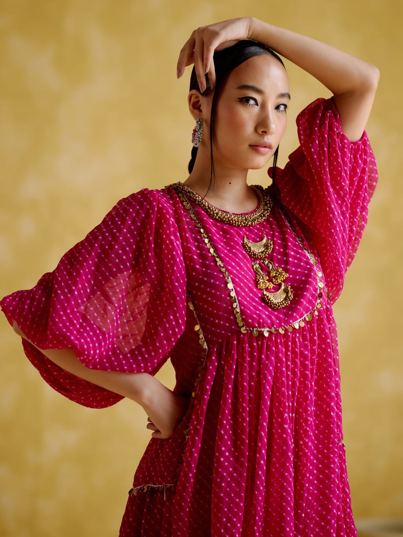 Purple Lehriya Printed Midi Kurta with Embellished Yoke
