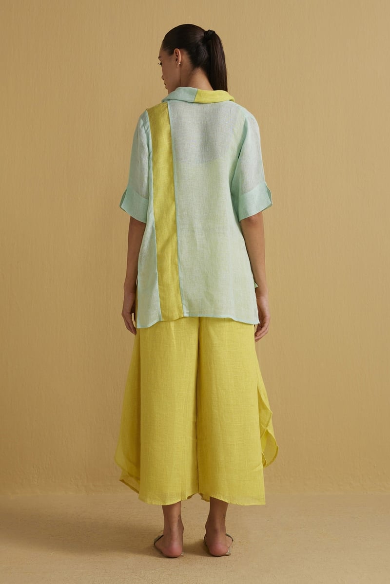 Aqua Gauze Linen Cape with Yellow Contrast Panel