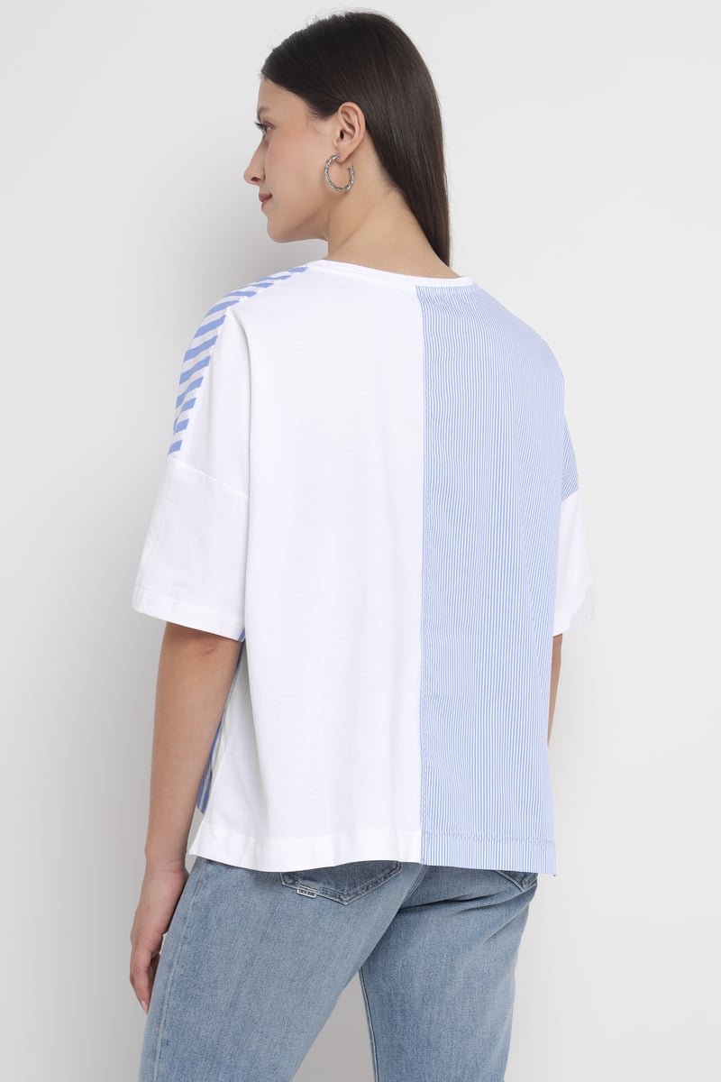 White/Light Blue Colorblock Oversized Stripe Panel Tee