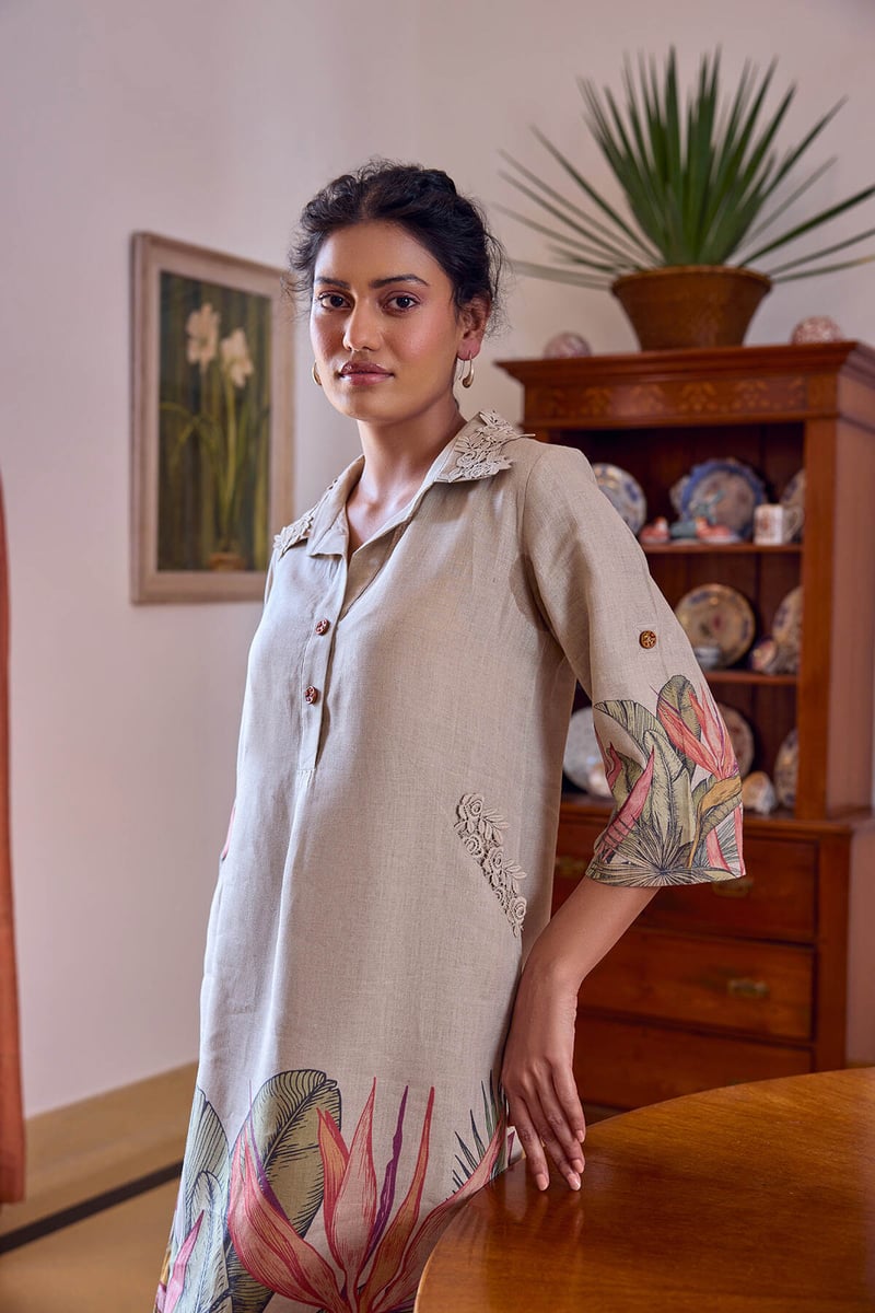 Beige Linen Tropical Print Midi Shirt Dress