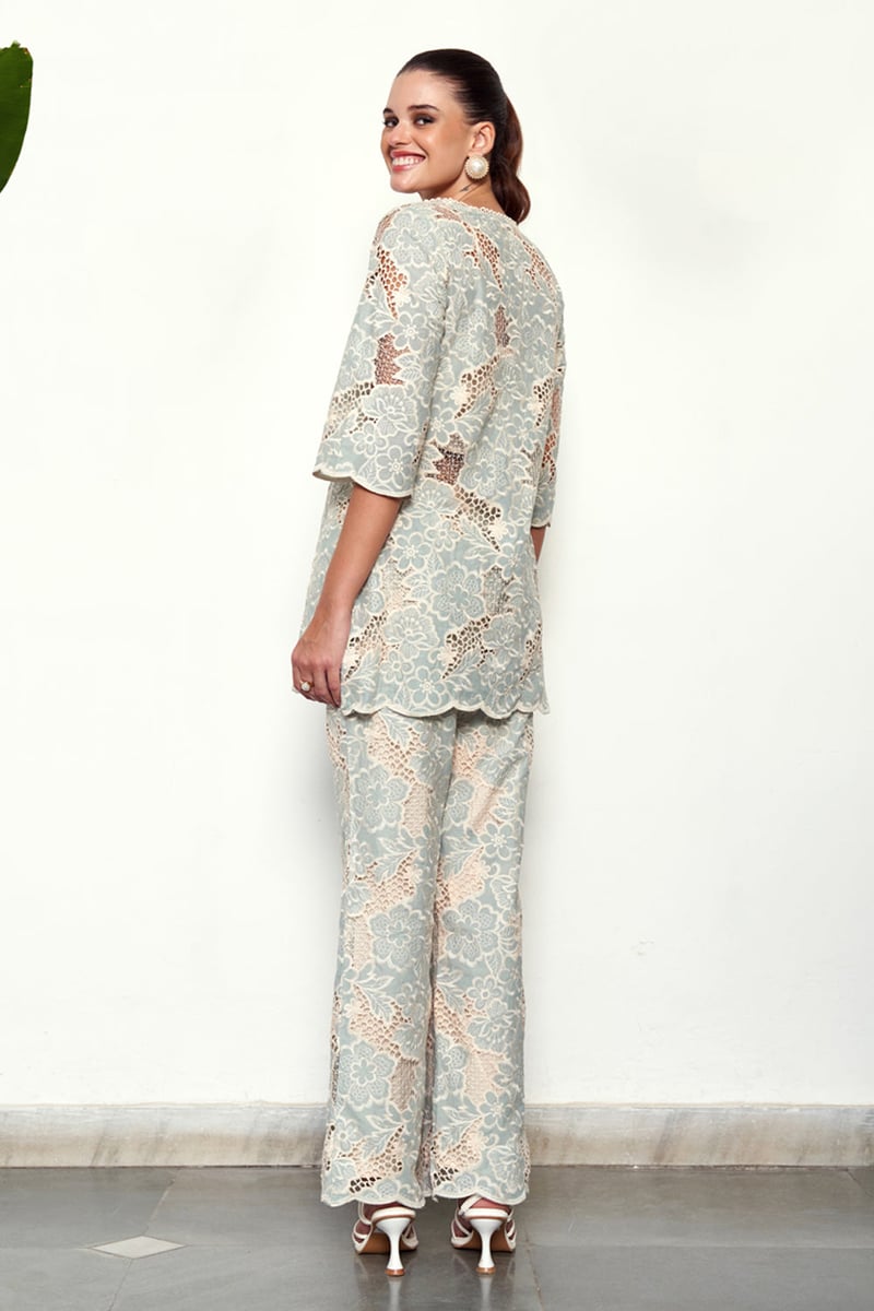 Blue Cotton Lace Kurta and Wide-Leg Pants Co-ord Set