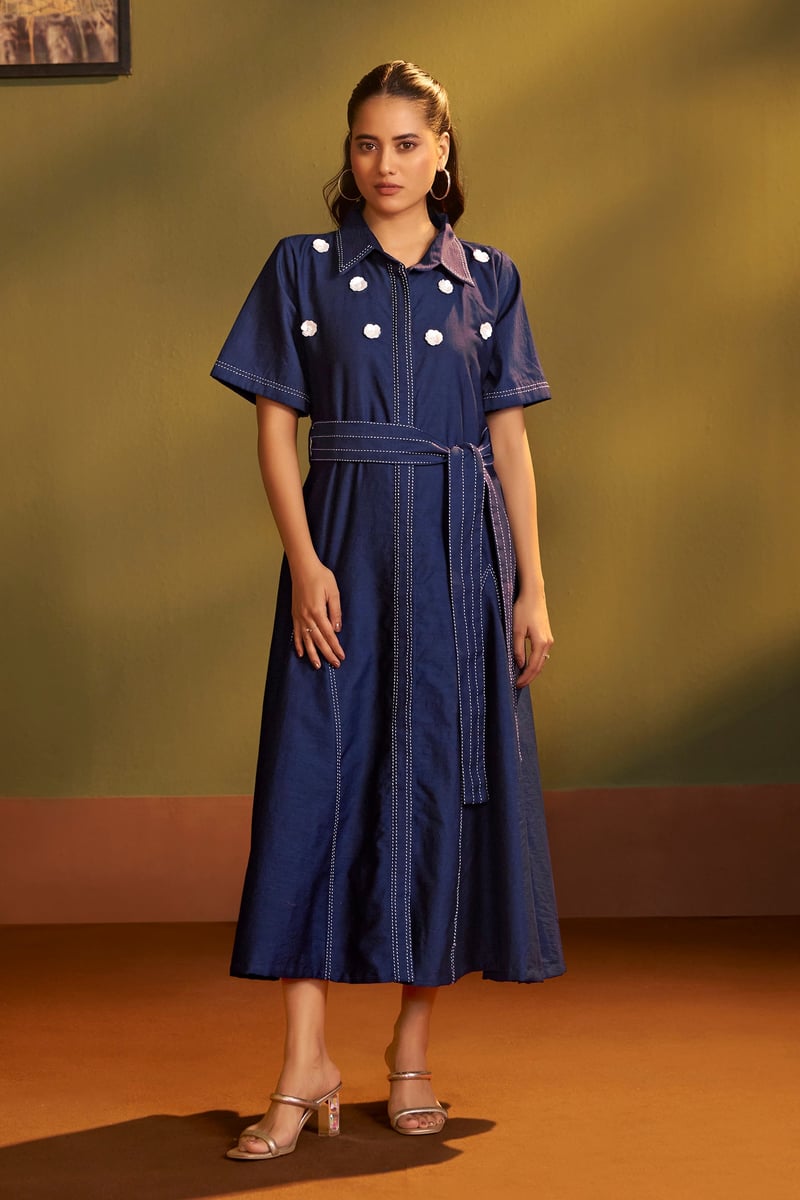 Blue Denim Belted Shirt Midi Dress with Contrast Stitching
