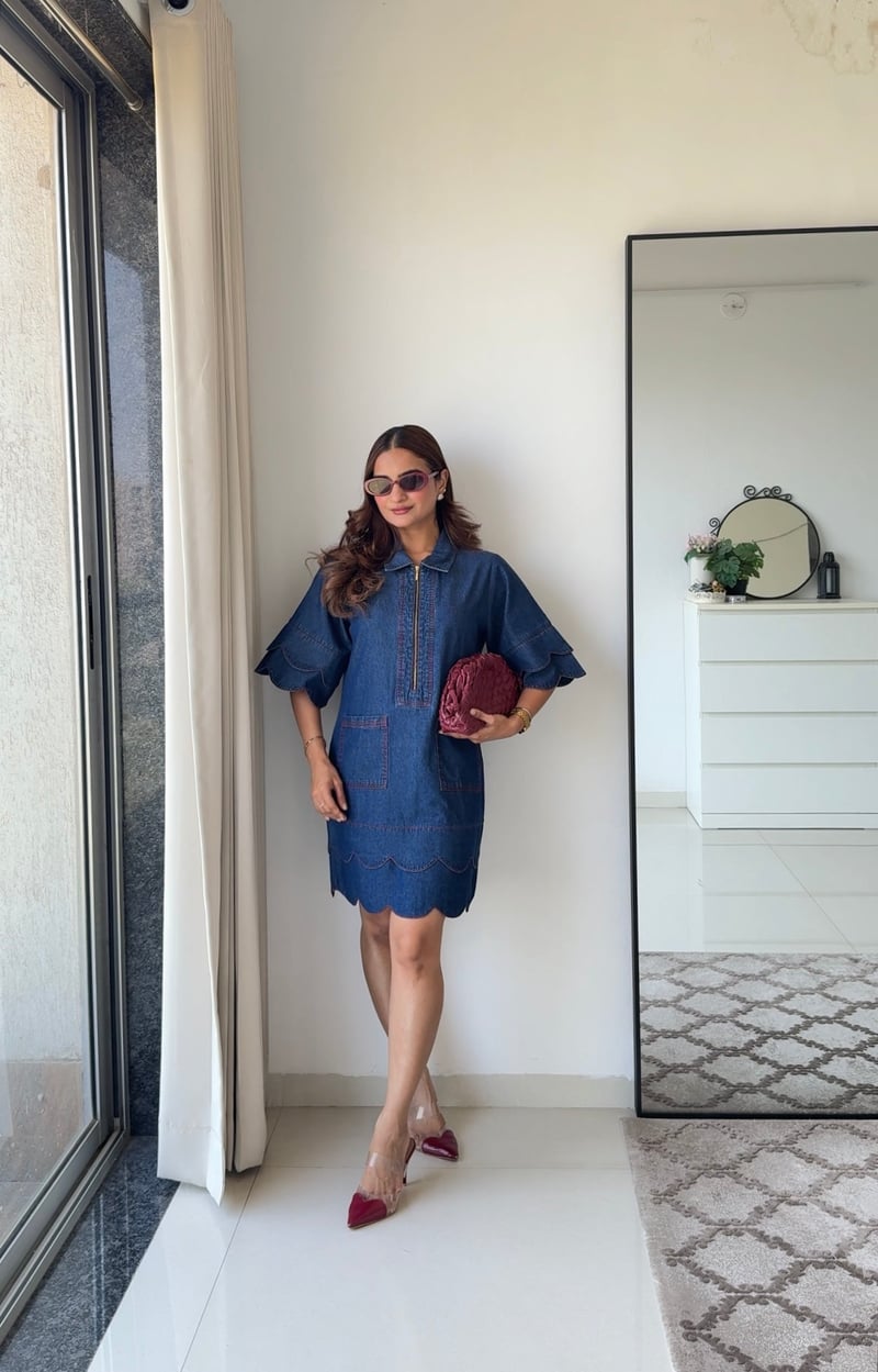 Blue Denim Shirt Dress with Zip Front and Scalloped Hem