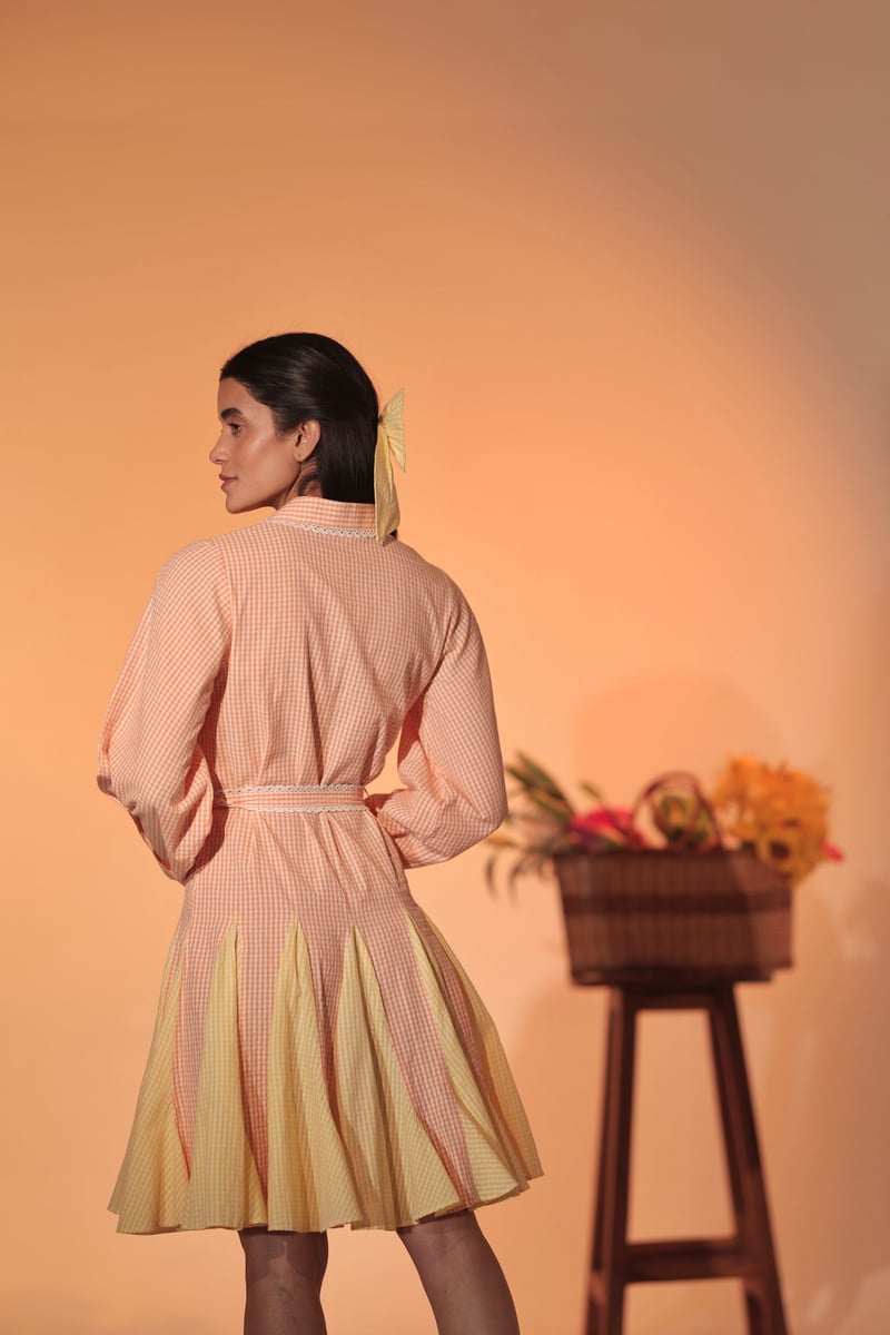 Pastel Checked Belted Shirt Dress with Lace Trim