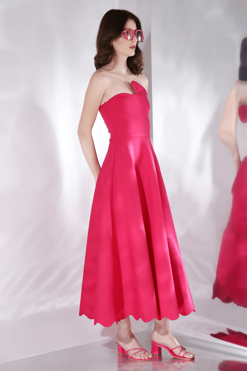 Hot Pink Fit and Flare Midi Dress with Detachable Bow