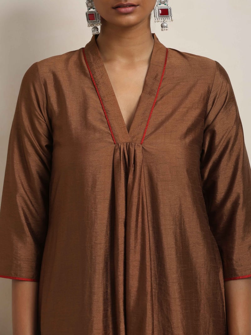 Brown Silk Blend A-Line Kurta Set with Pants